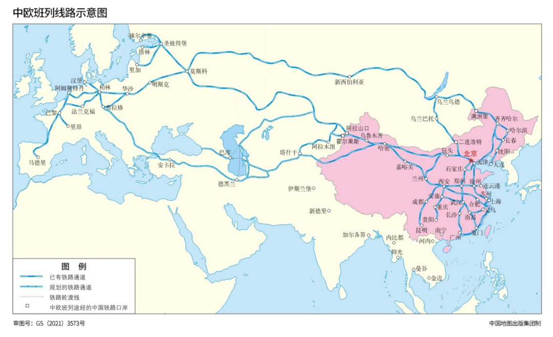 中欧班列线路示意图，展示中国与欧洲之间的铁路连接